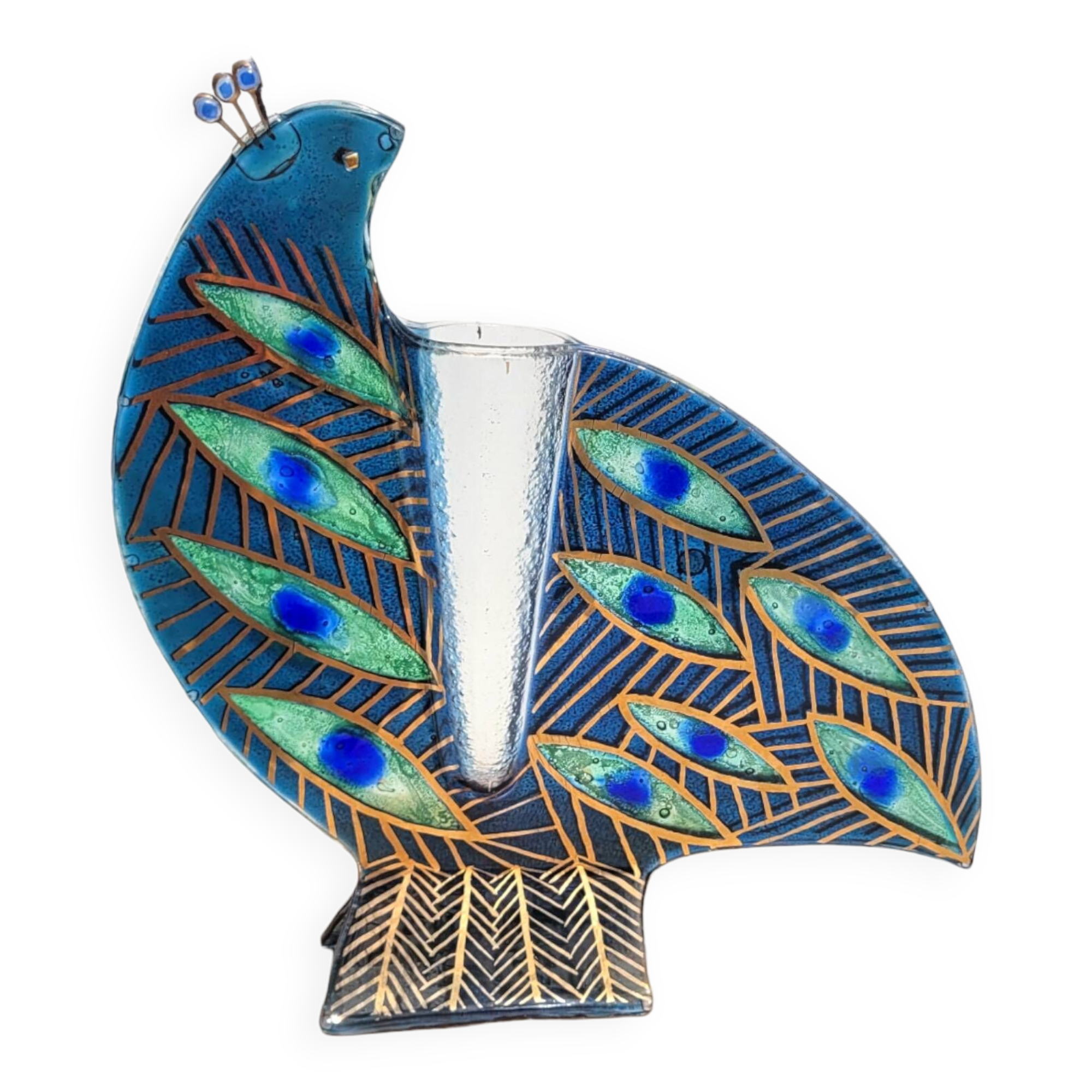 Peacock blue vase in laminated glass