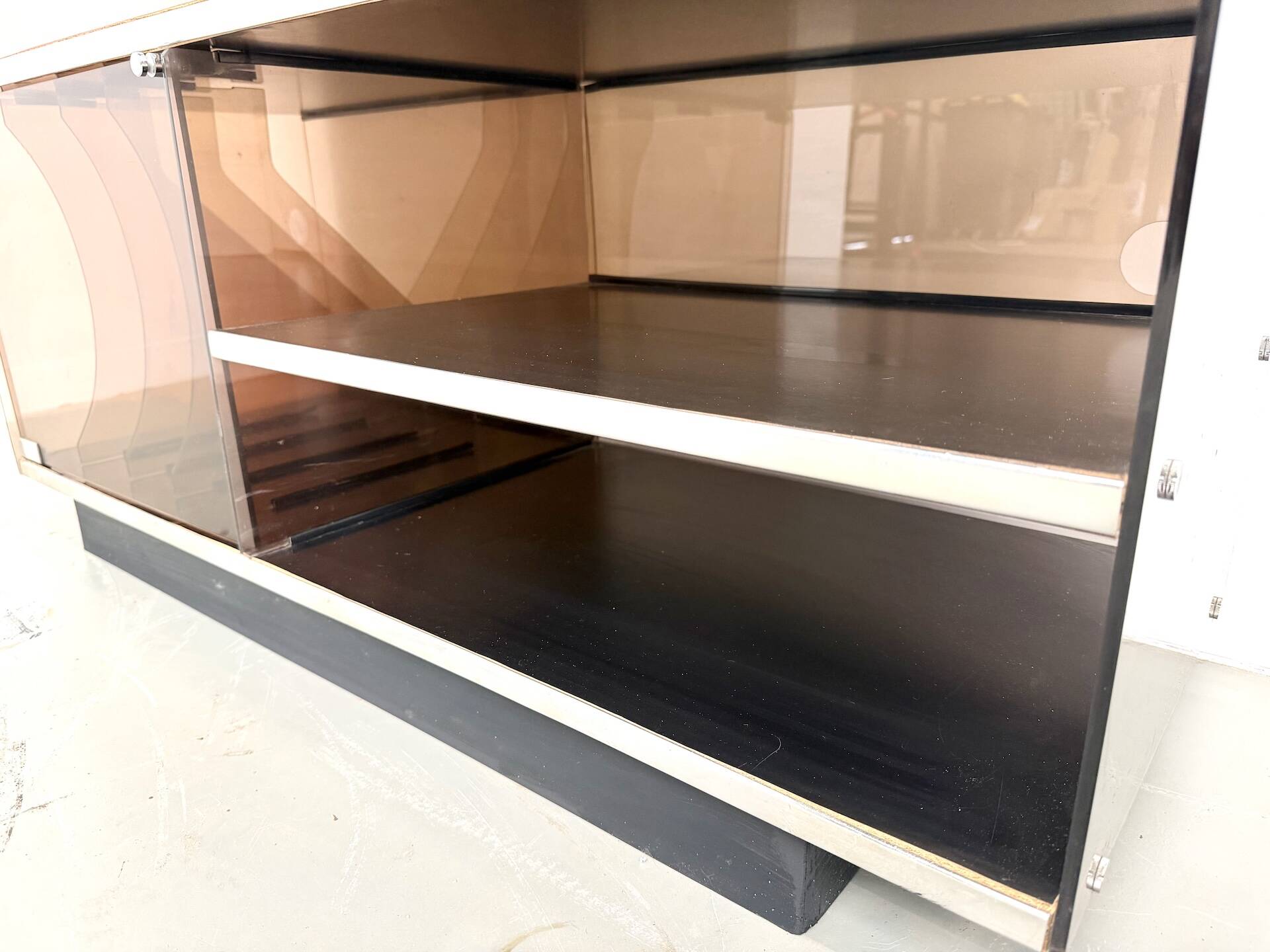 Hi-Fi furniture in smoked plexiglass and aluminium, Eric Maville