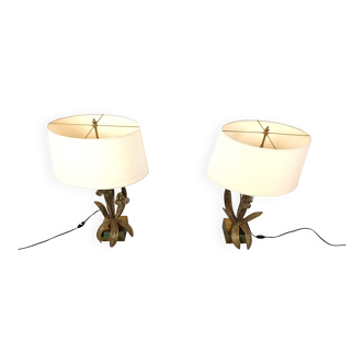 Pair of brass floral table lamps, 1970s