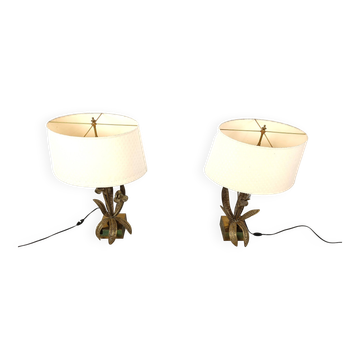 Pair of brass floral table lamps, 1970s