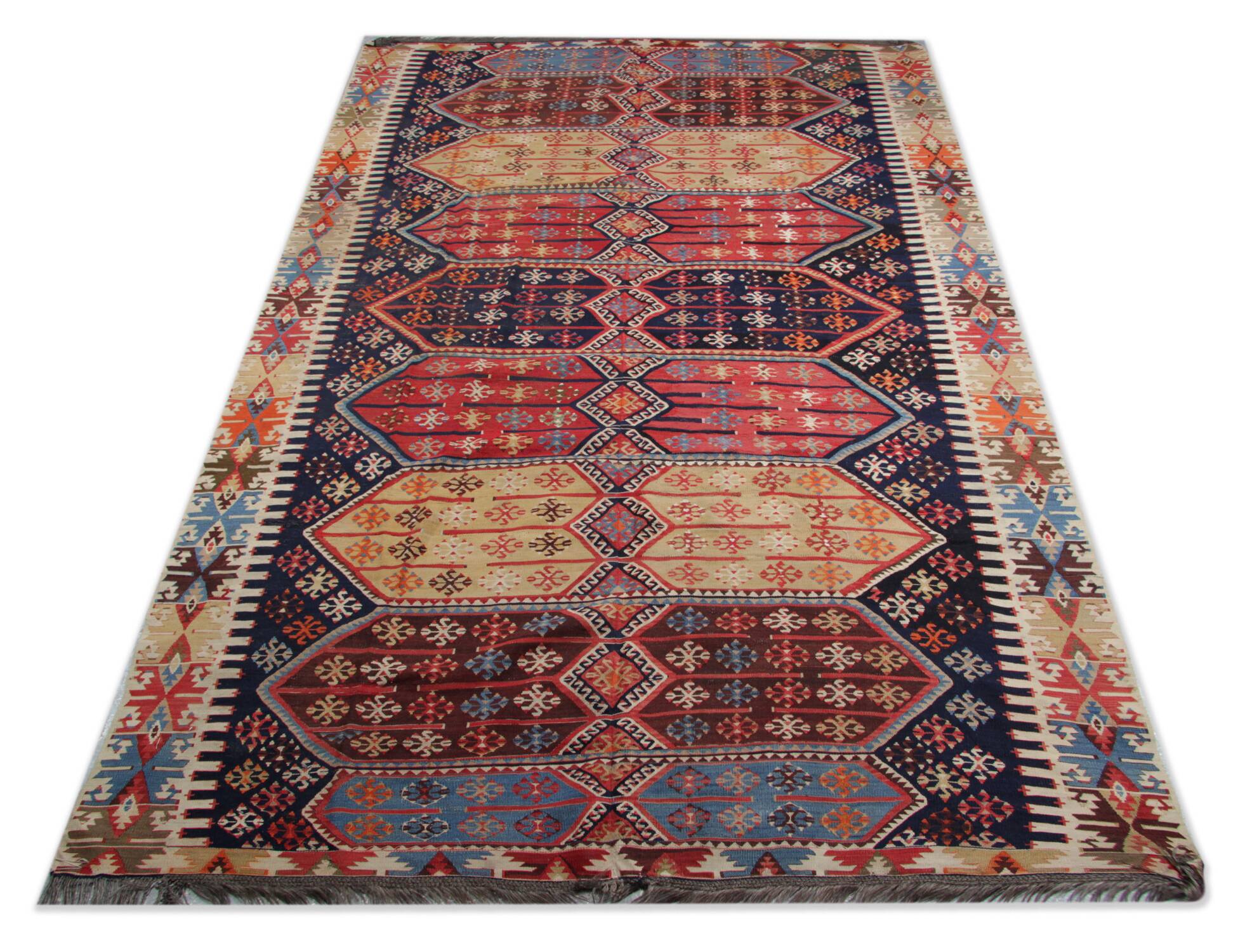 Tapis Kilim tribal turc tissage plat géométrique en laine, années 1880
