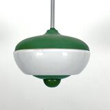 Mid-Century green lacquer and milk glass pendant. Italy 1950s