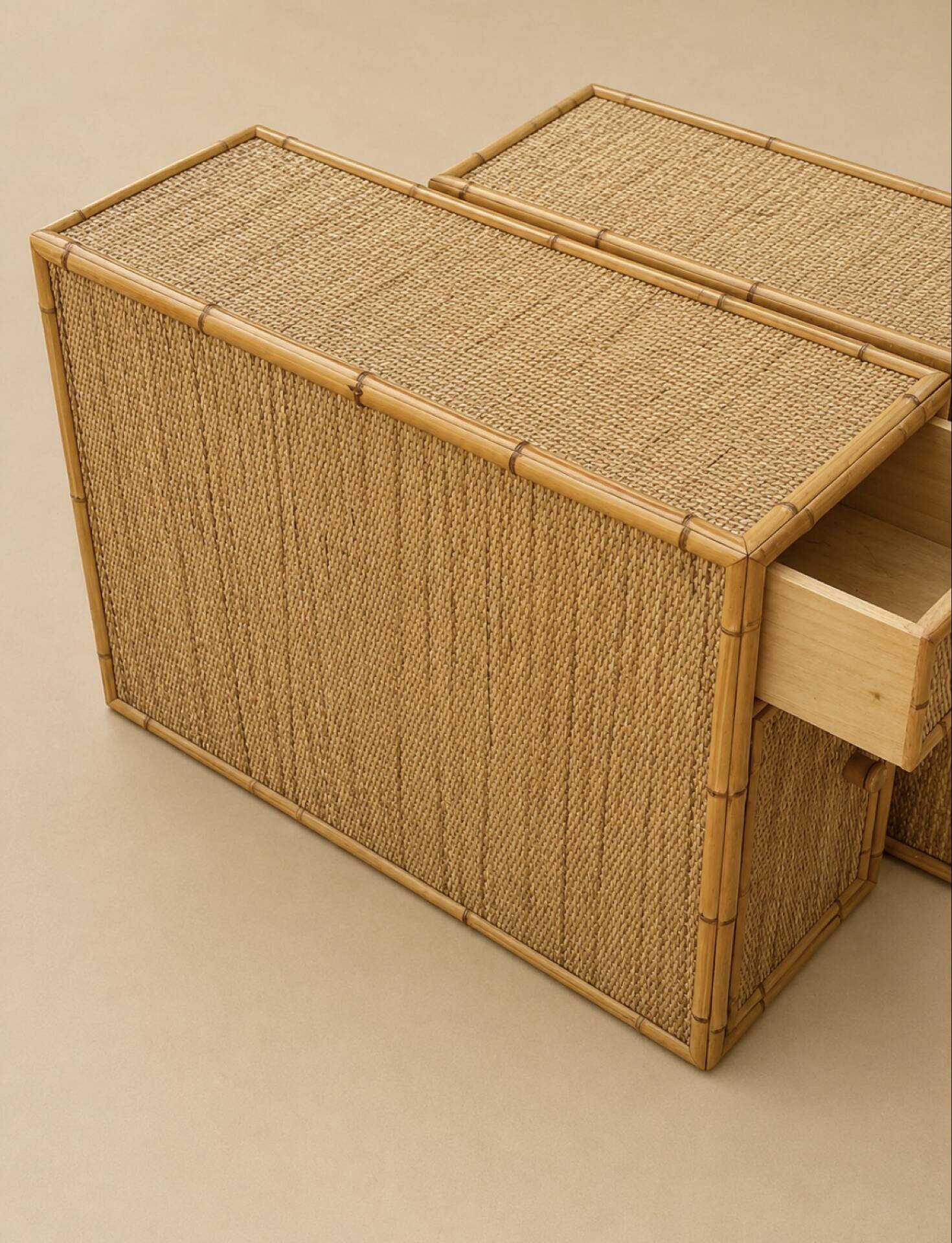 Pair of side tables / Bamboo and cane bar furniture (1970s)