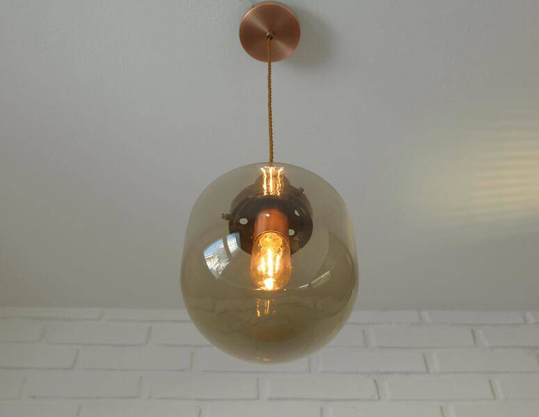 1 blown smoked glass pendant light / copper bar lamp / mid-century modern 1970s