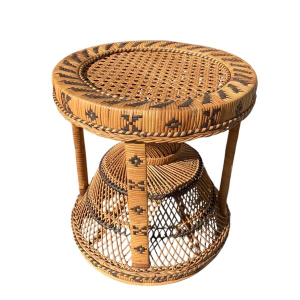 Ancien tabouret vintage en osier et rotin tressé 70 Emmanuelle