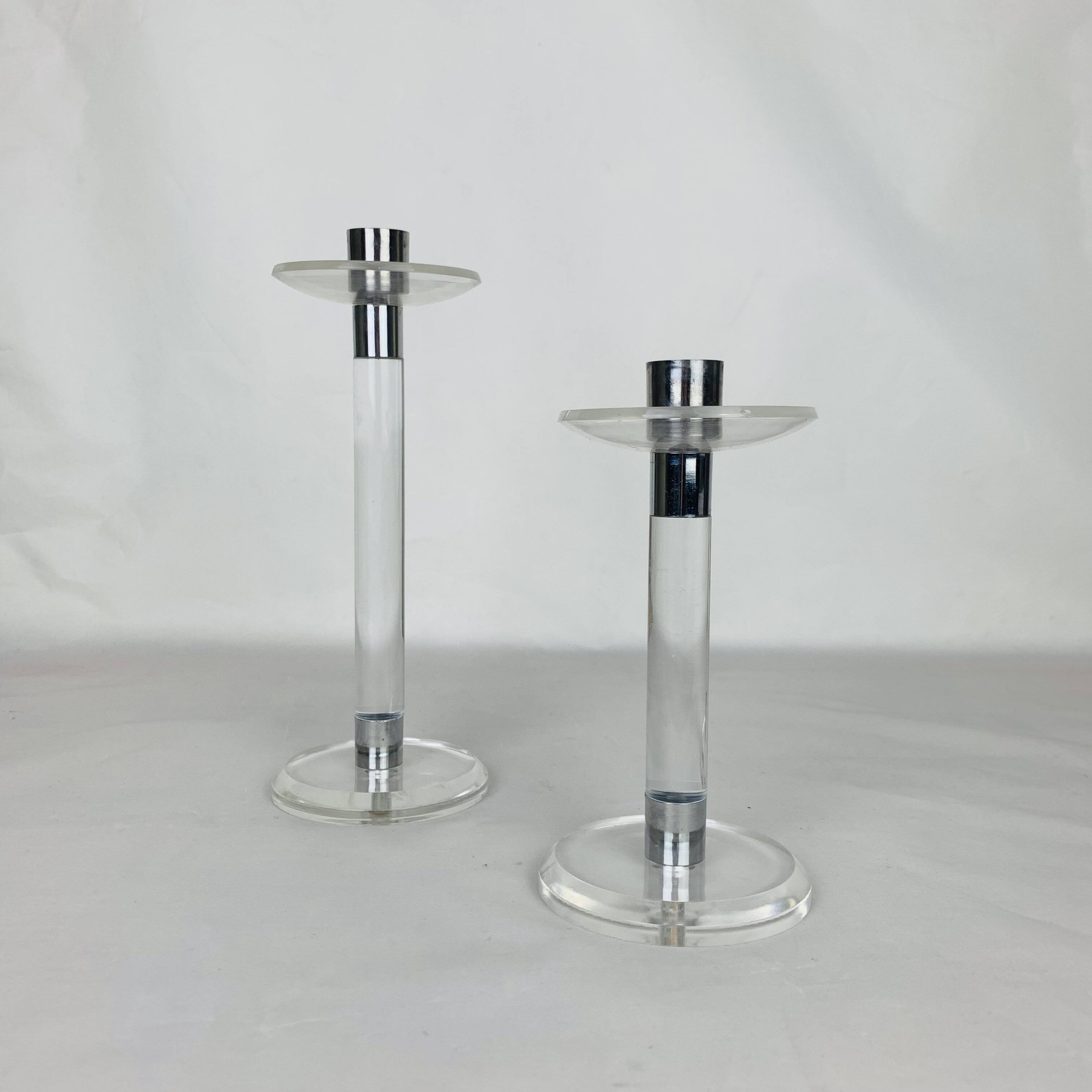 Pair of vintage plexiglass and chrome metal candlesticks