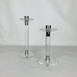 Pair of vintage plexiglass and chrome metal candlesticks