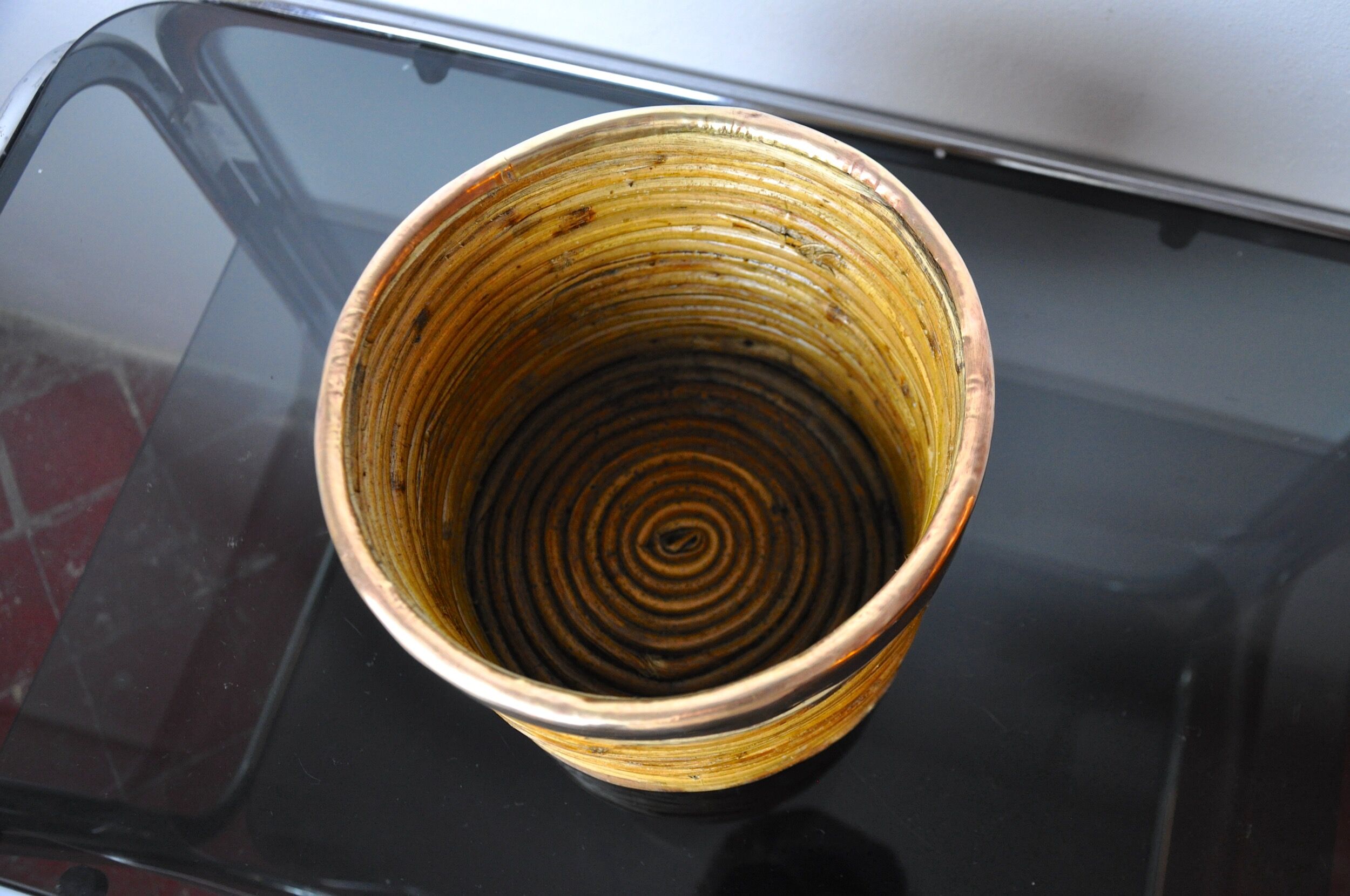 Rattan and copper basket, Italy, 1970
