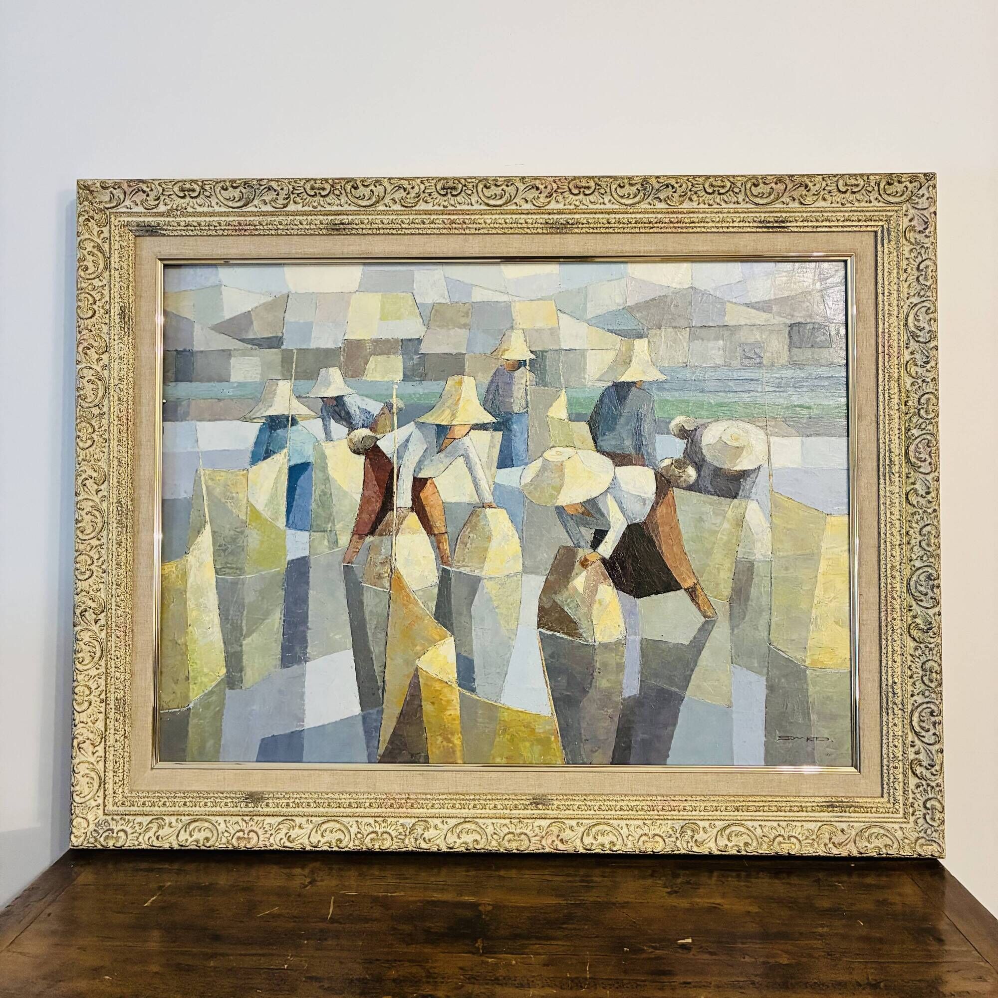 Cubist Oil on Canvas Tableau Rural Scene Asia Saard Thanomwong Signed
