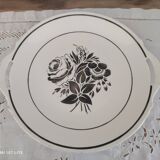 Plat à tarte ou à gâteau 2 anses en faïence ancienne décor roses grises