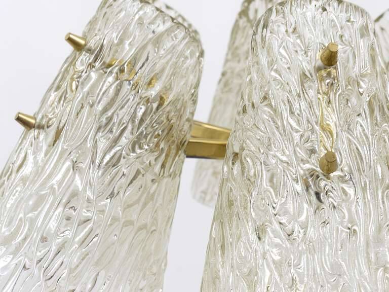 J.T. Kalmar Lustre in Brass, with Textured Glass Shade in Cone Shape, Austria, 1950