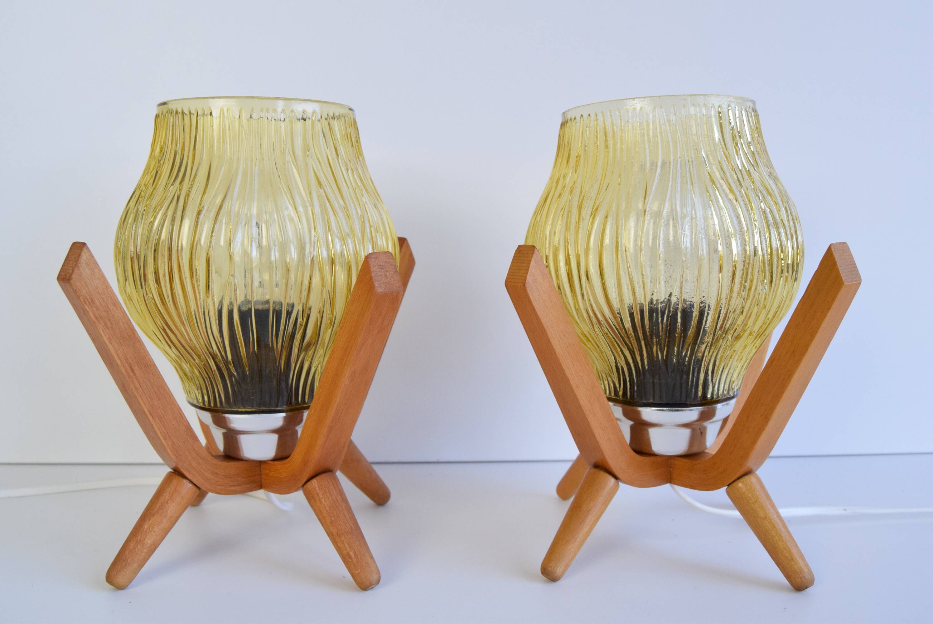 Pair of mid-century Wooden Design Table Lamps, by Dřevo Humpolec, 1970's.
