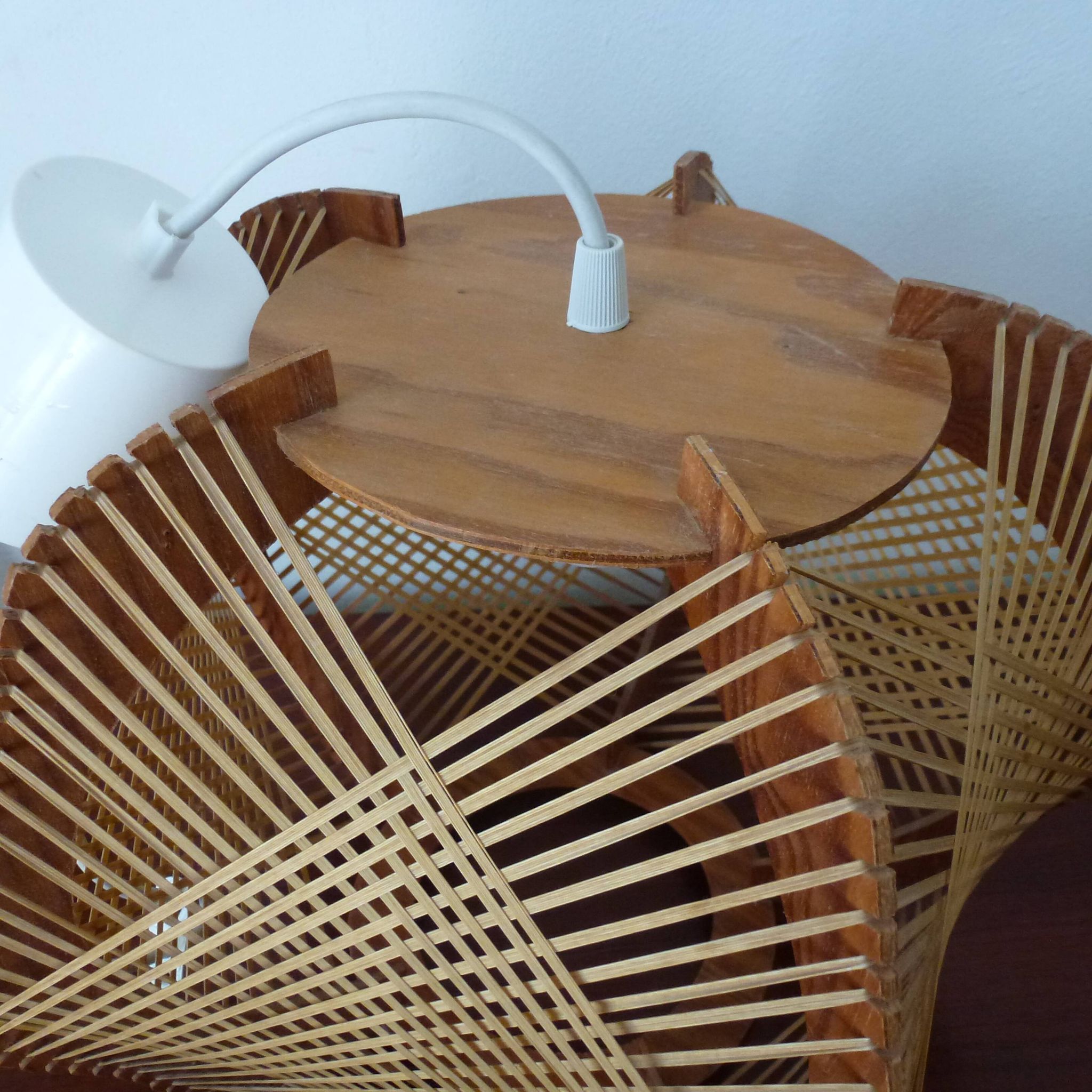 Vintage Scandinavian Pendant Lamp in Wood and Stretched Wires 1960s