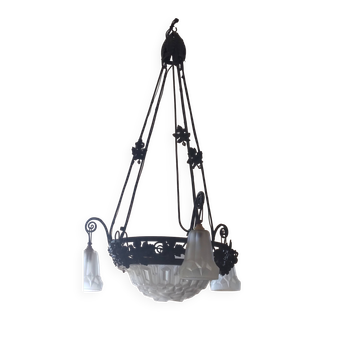 Art Deco glass chandelier signed Dégué