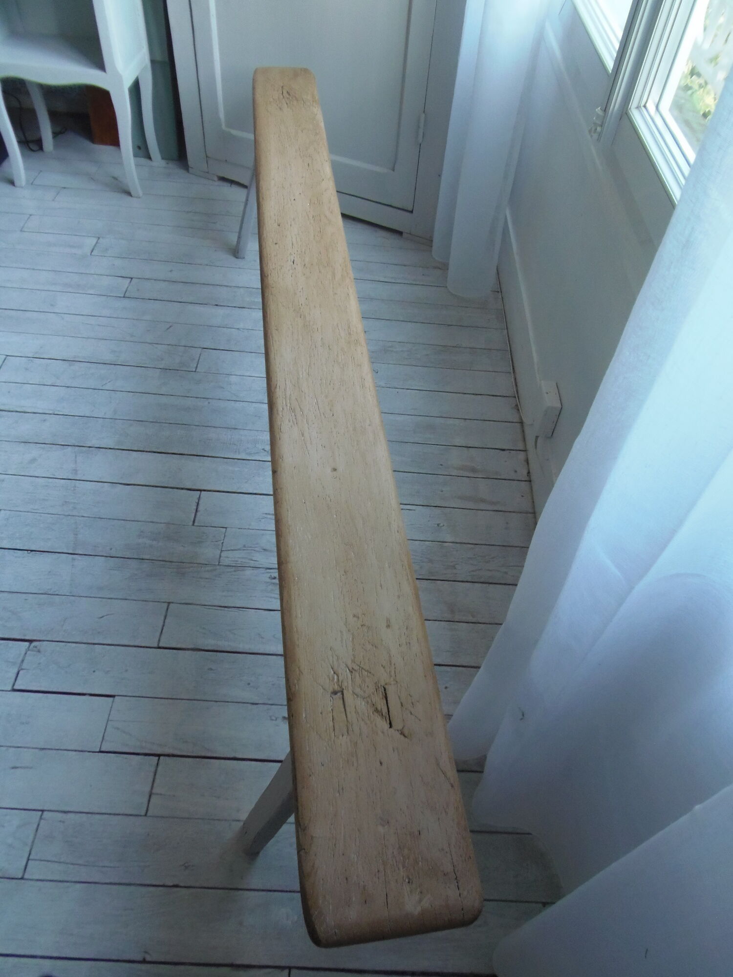 Farmhouse bench, pearl grey patinated oak bed, wood seat waxed finish.