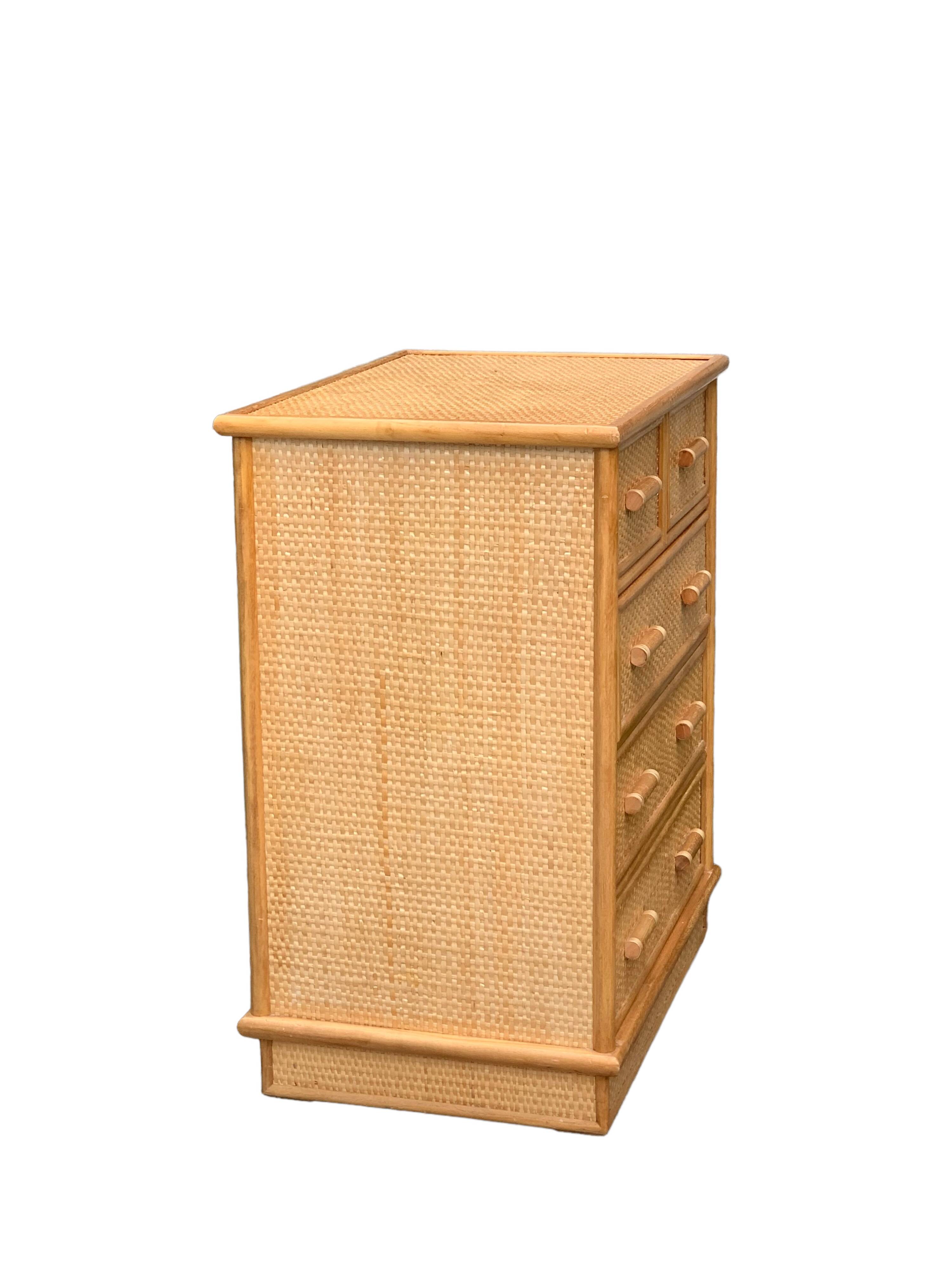 Rattan and woven wicker chest of drawers and mirror, 1970