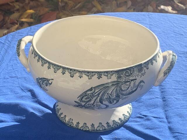 Soup tureen base, old salad bowl, iron earth with blue iris pattern, 19th century, collector's item