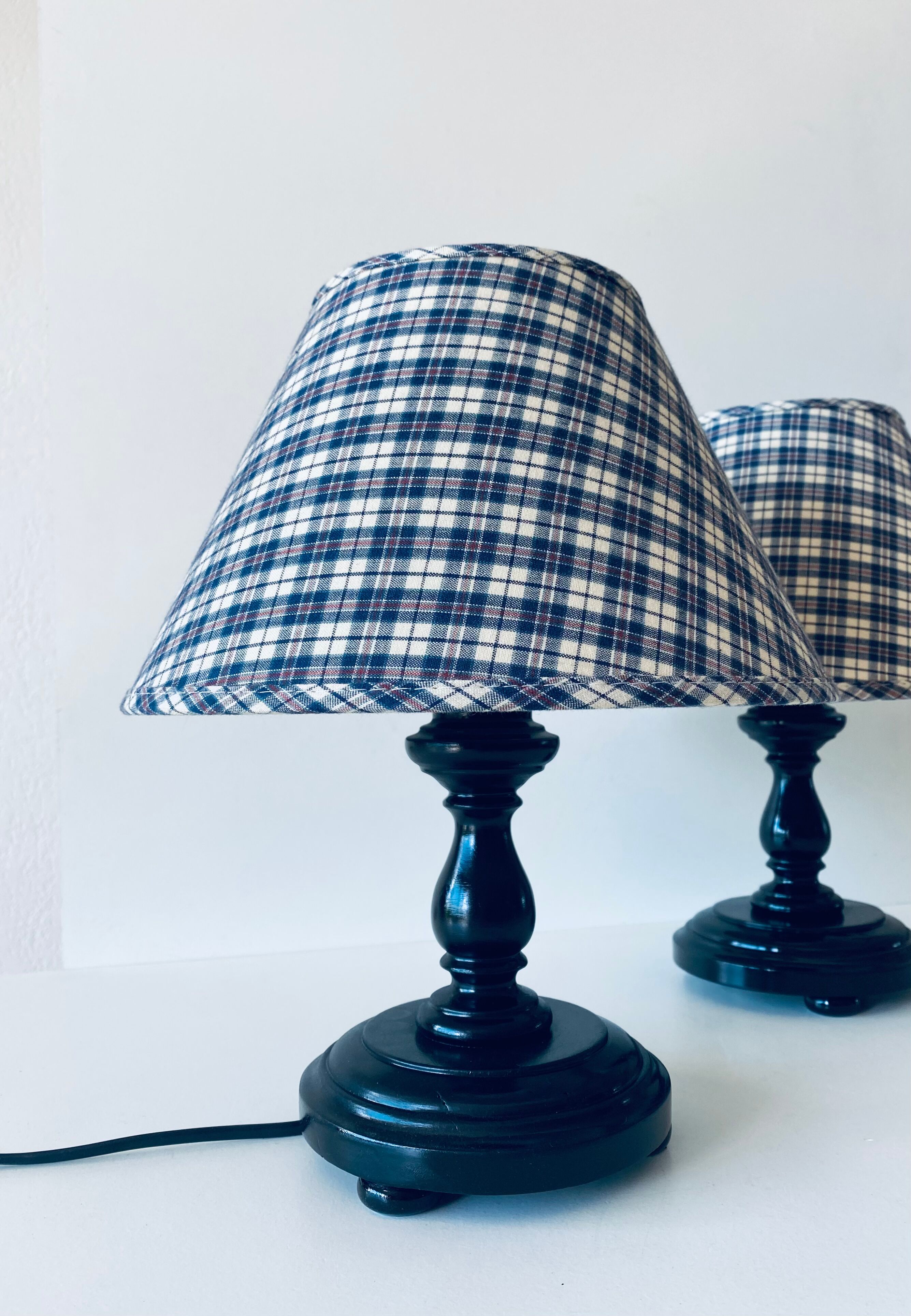 Pair of turned wooden bedside lamps