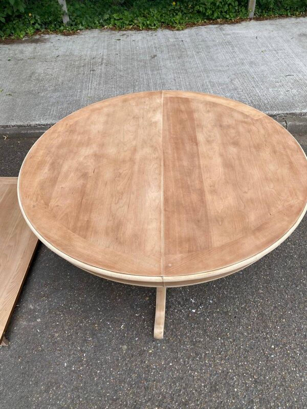 Table à manger ronde extensible rénovée pied central bois 113-203cm