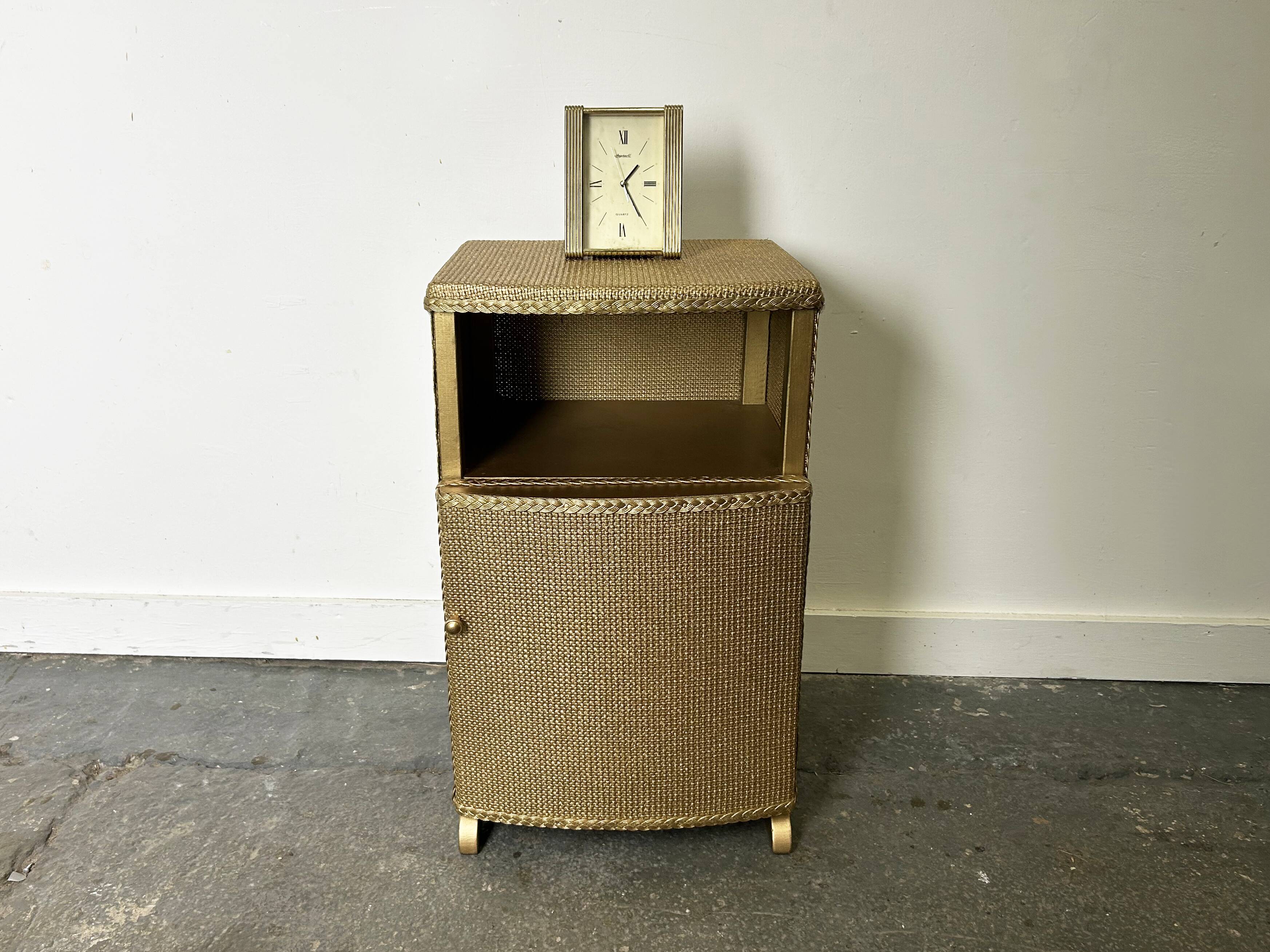 Vintage Lloyd Loom bedside cabinet champagne gold woven fibre 1930s-50s