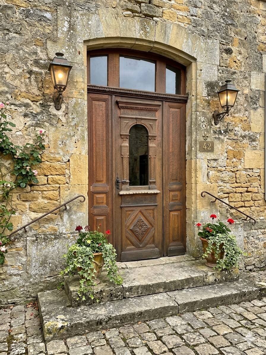 19th-century solid oak entrance door with three openings, including frame.