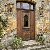19th-century solid oak entrance door with three openings, including frame.