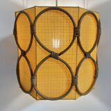 Vintage pendant light in orange fabric and rattan
