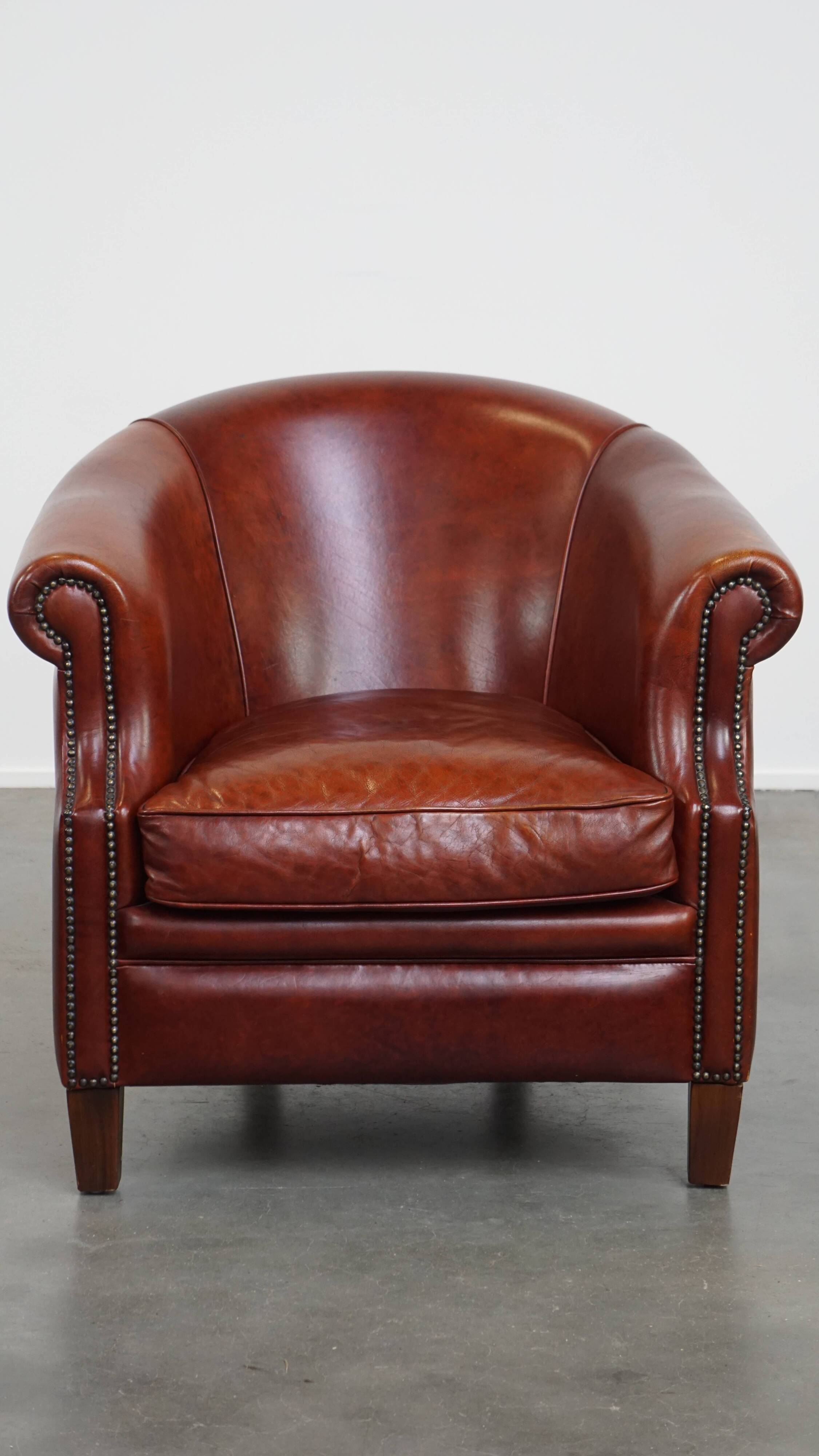 Cognac-Colored Cowhide Leather Club Chair in English Style