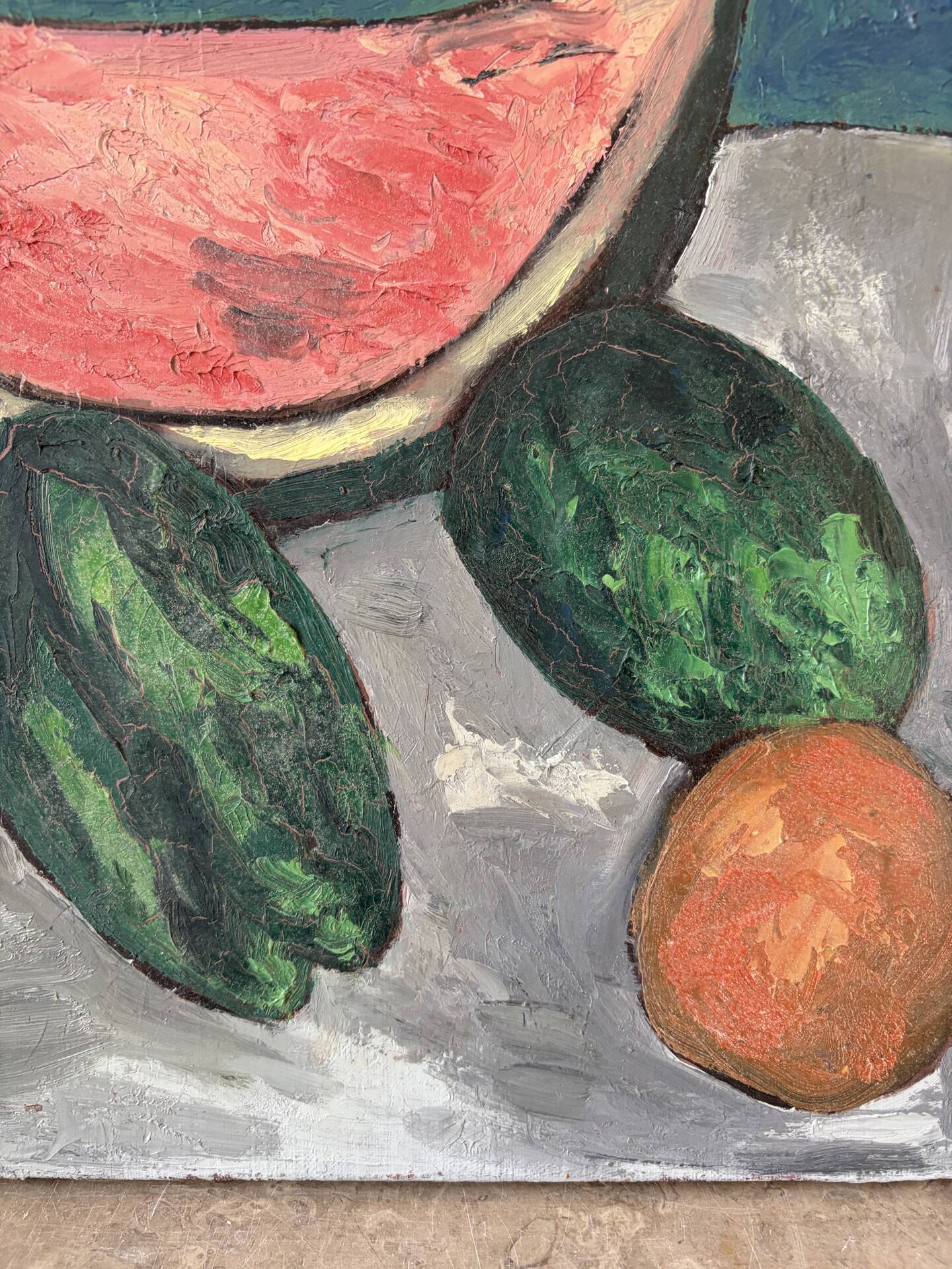 Still life, watermelon and clown, oil on canvas signed 1988