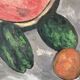Still life, watermelon and clown, oil on canvas signed 1988