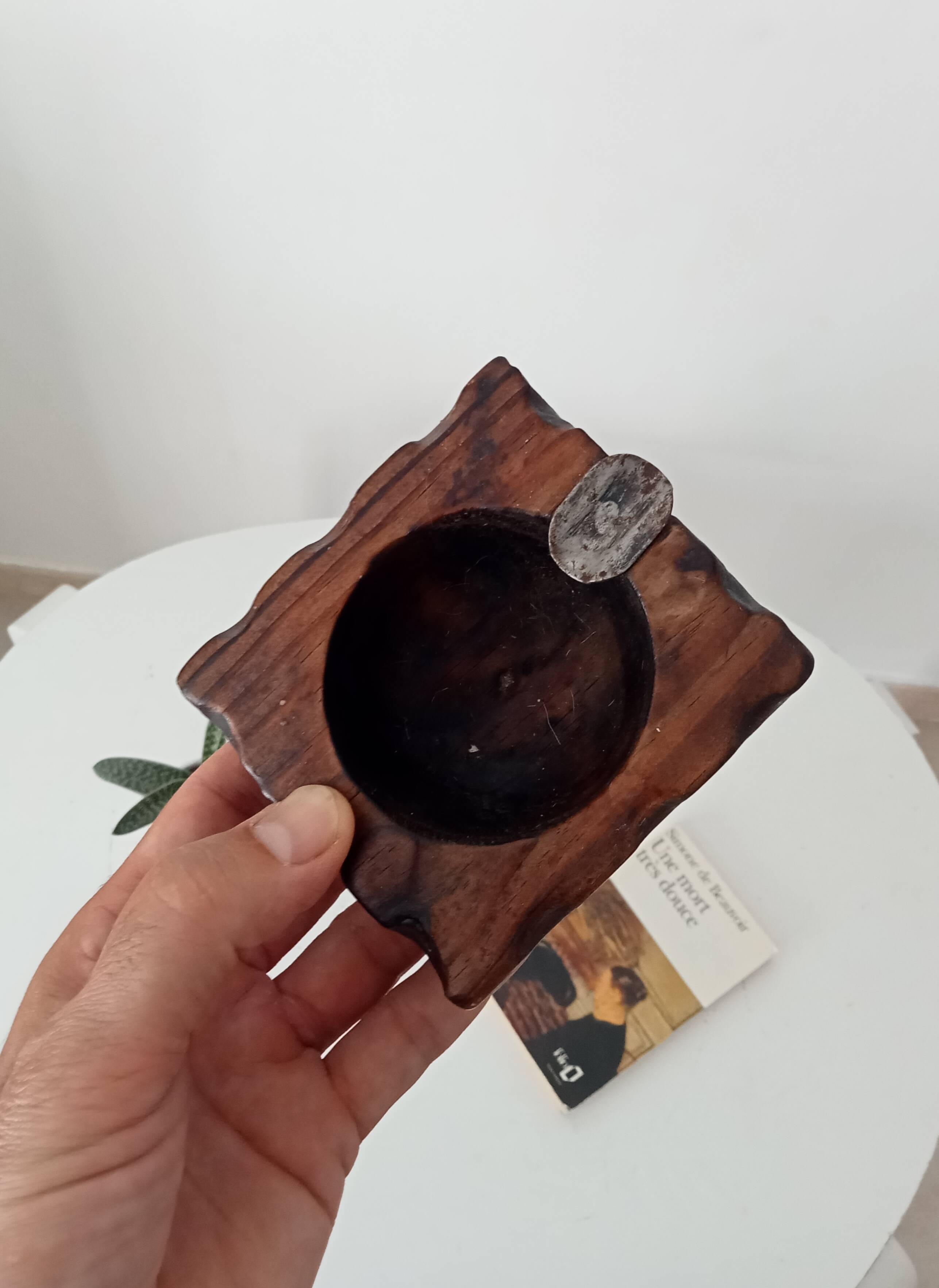 Vintage brutalist ashtray in carved wood