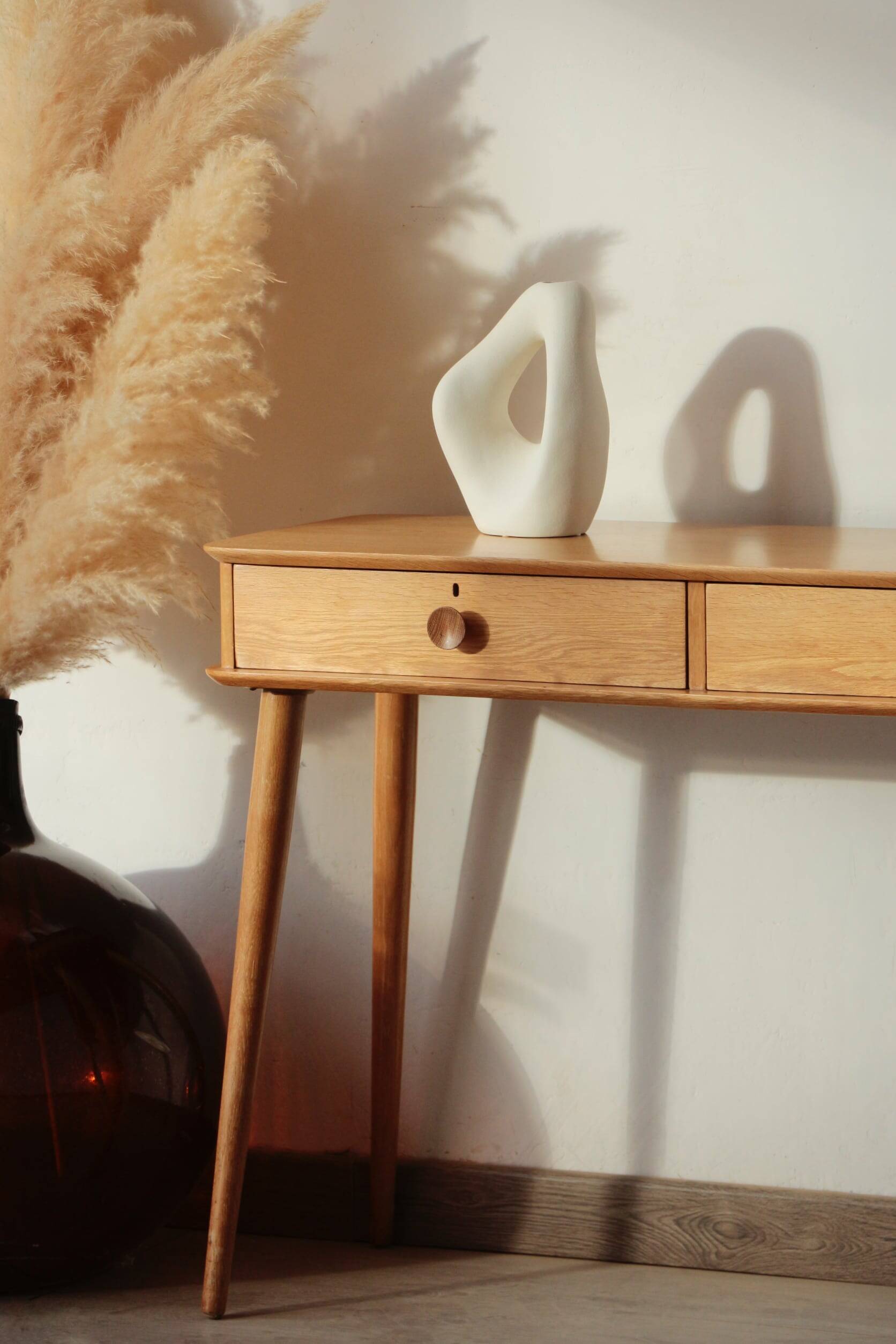 Console Vintage en Chêne Massif – Pieds Fuseaux & 2 Tiroirs