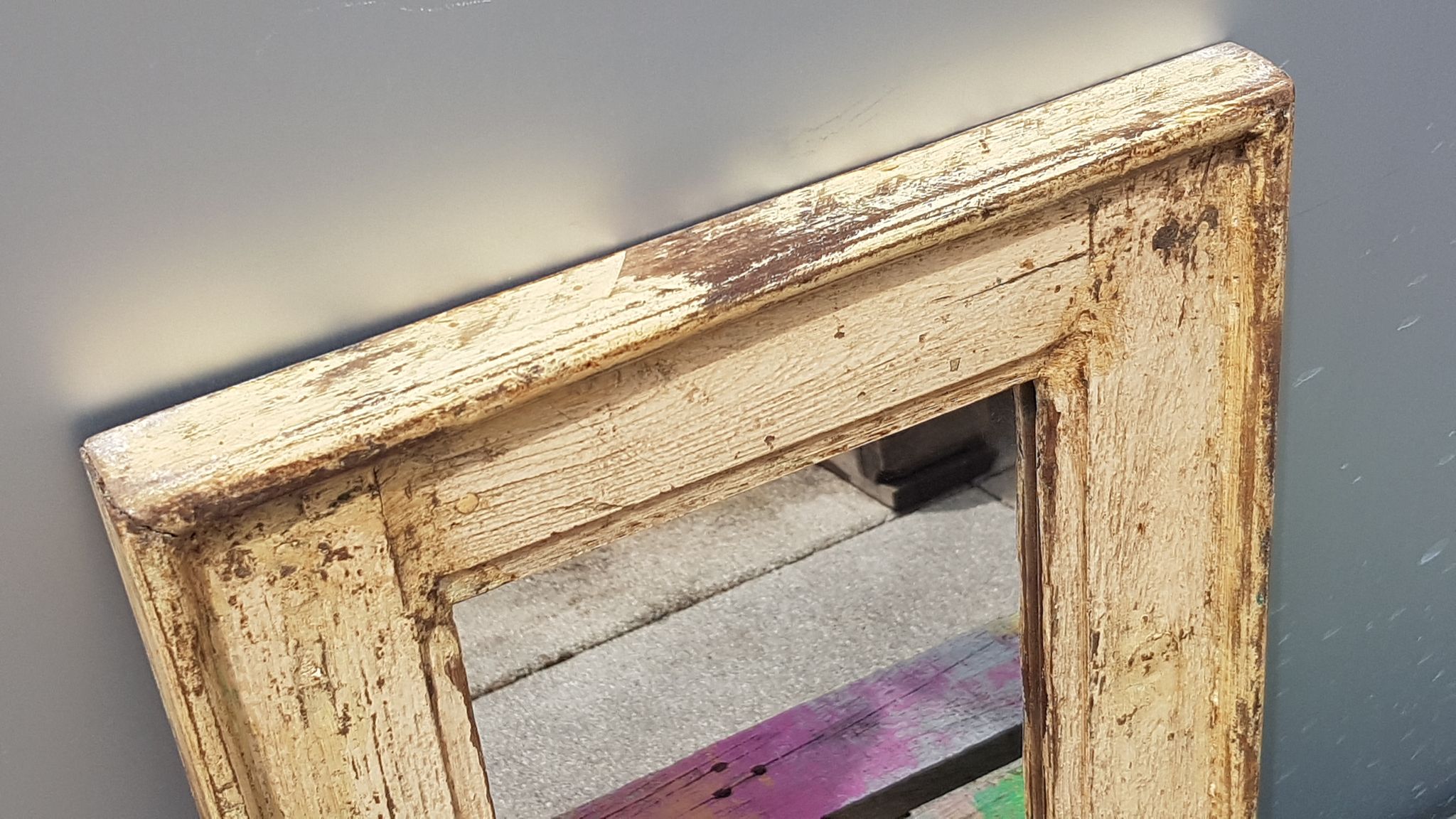 Miroir blanc casse bois vieux teck patine