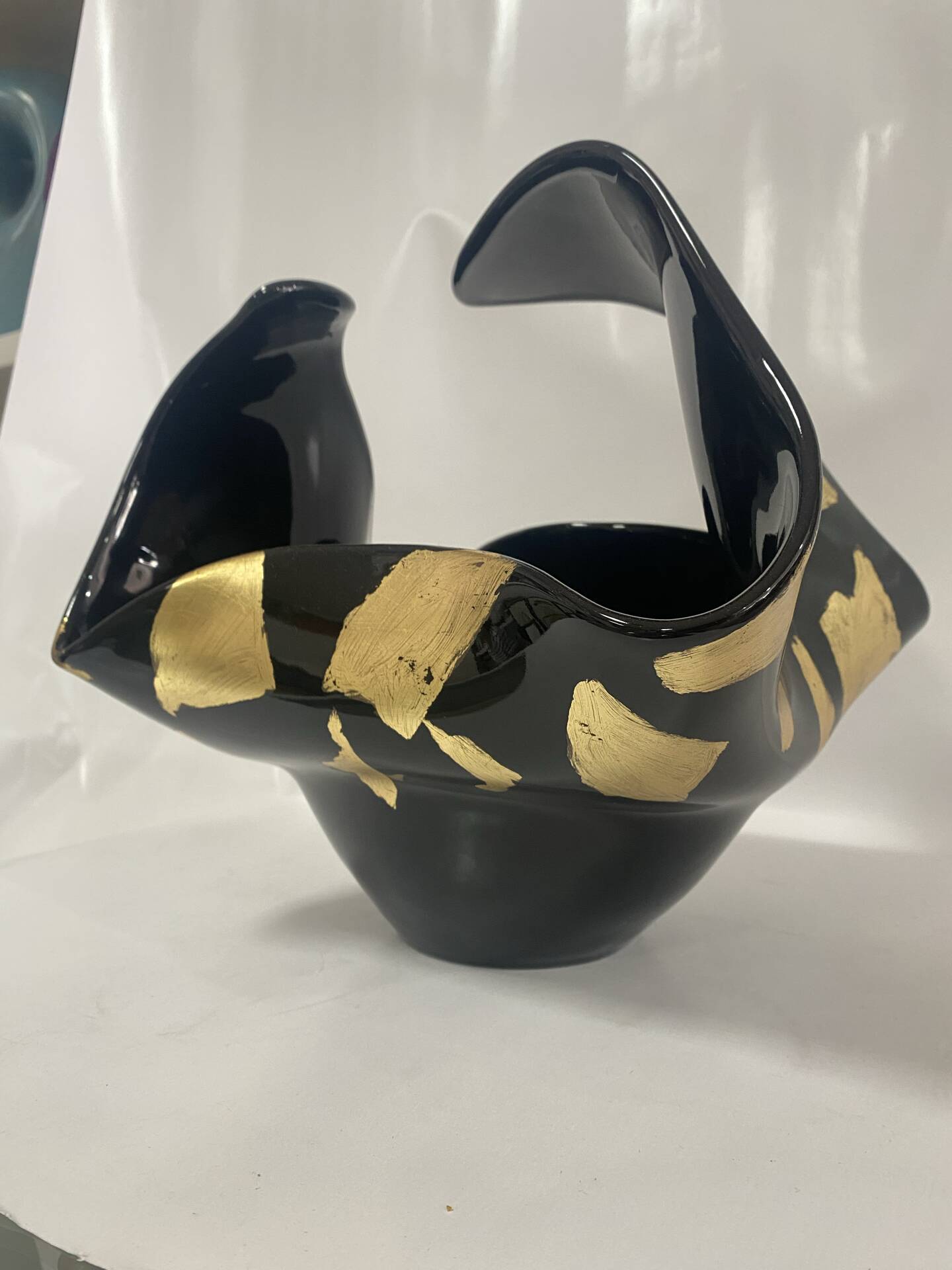 Black Murano-Style Art Glass Centerpiece Bowl with Gold Leaf Accents