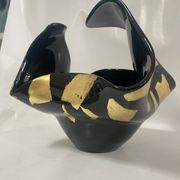 Black Murano-Style Art Glass Centerpiece Bowl with Gold Leaf Accents