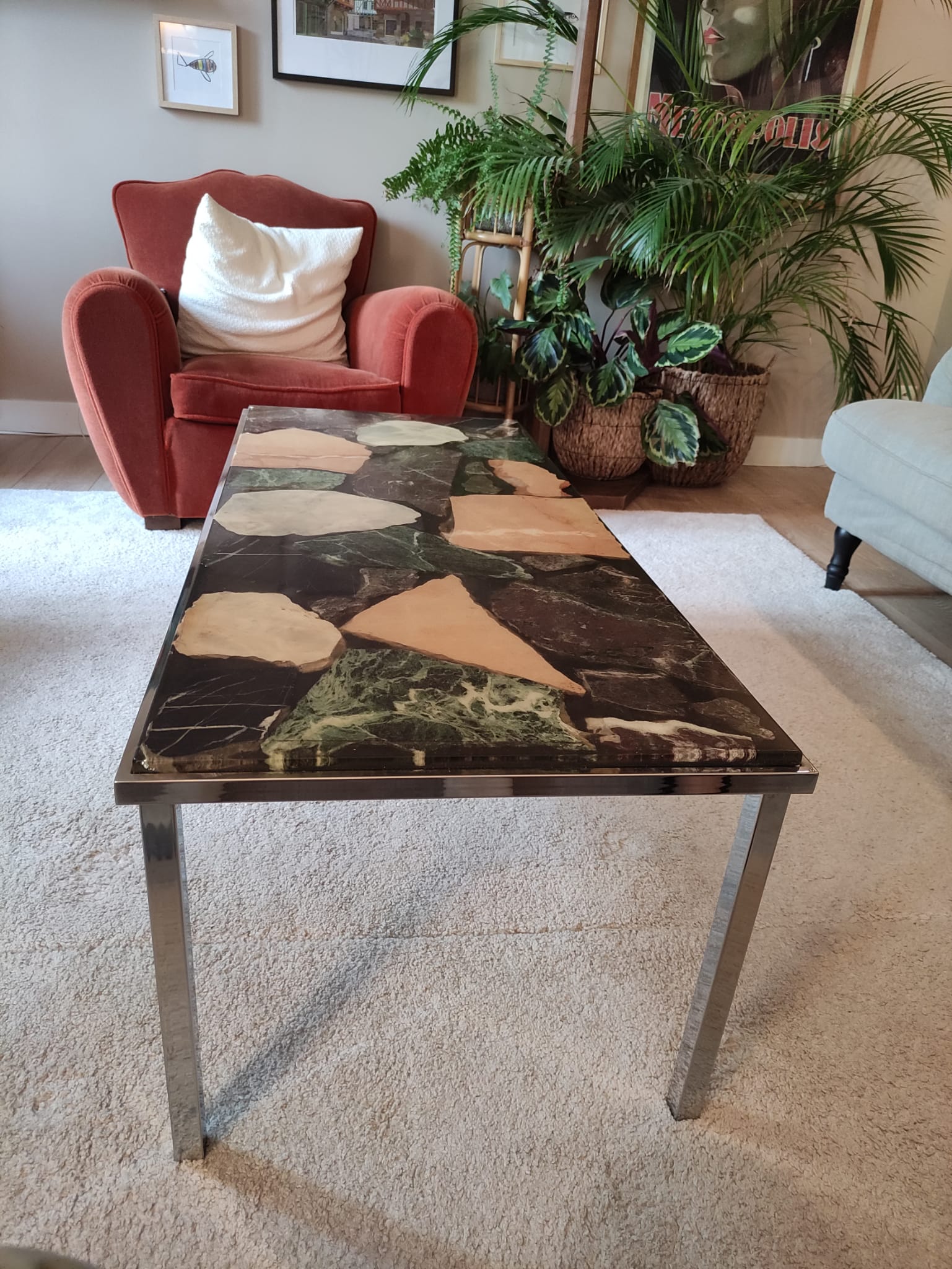 70s vintage chrome and resin coffee table