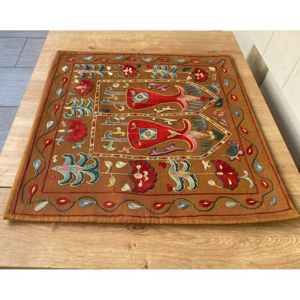 Silk Embroidered Brown Cushion Cover. Suzani Textile Pillowcase. Traditional Folk Accent Pillow