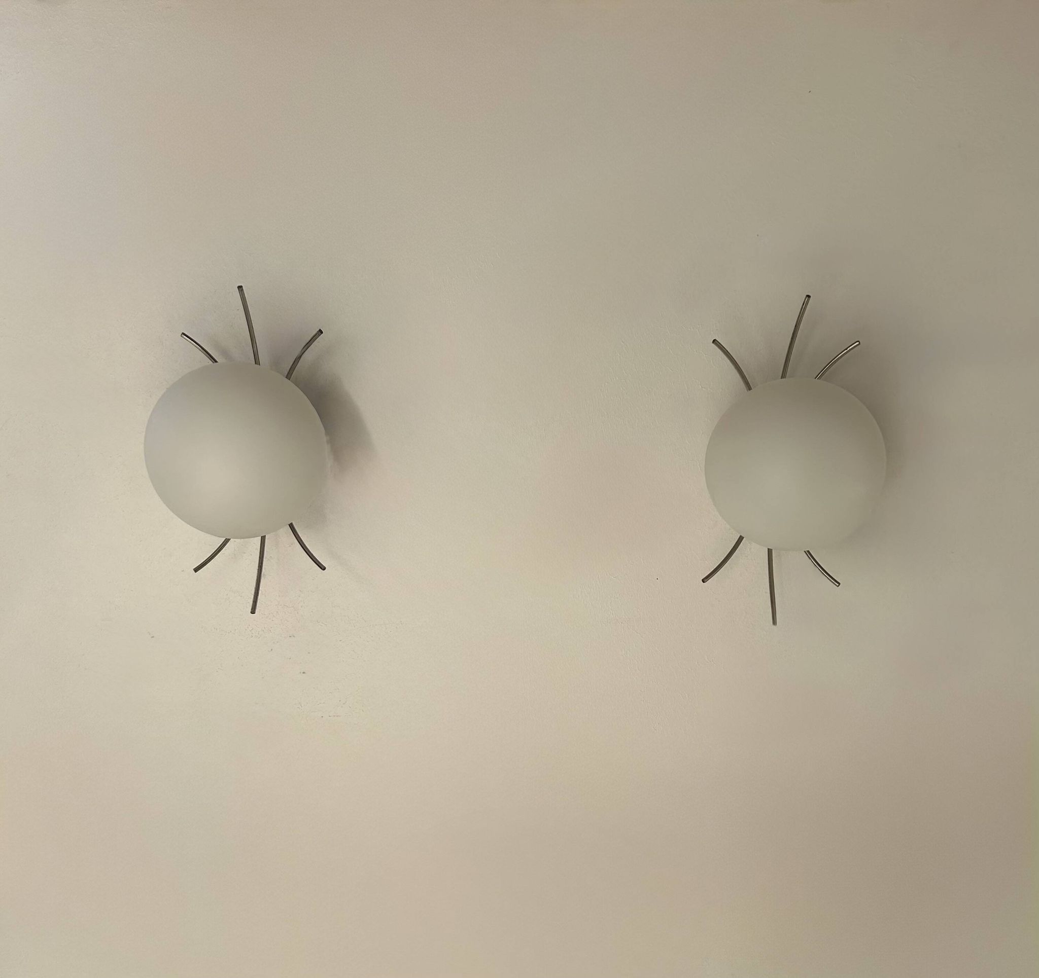 Pair of vintage wall lights, chrome and opaline, France, 1970