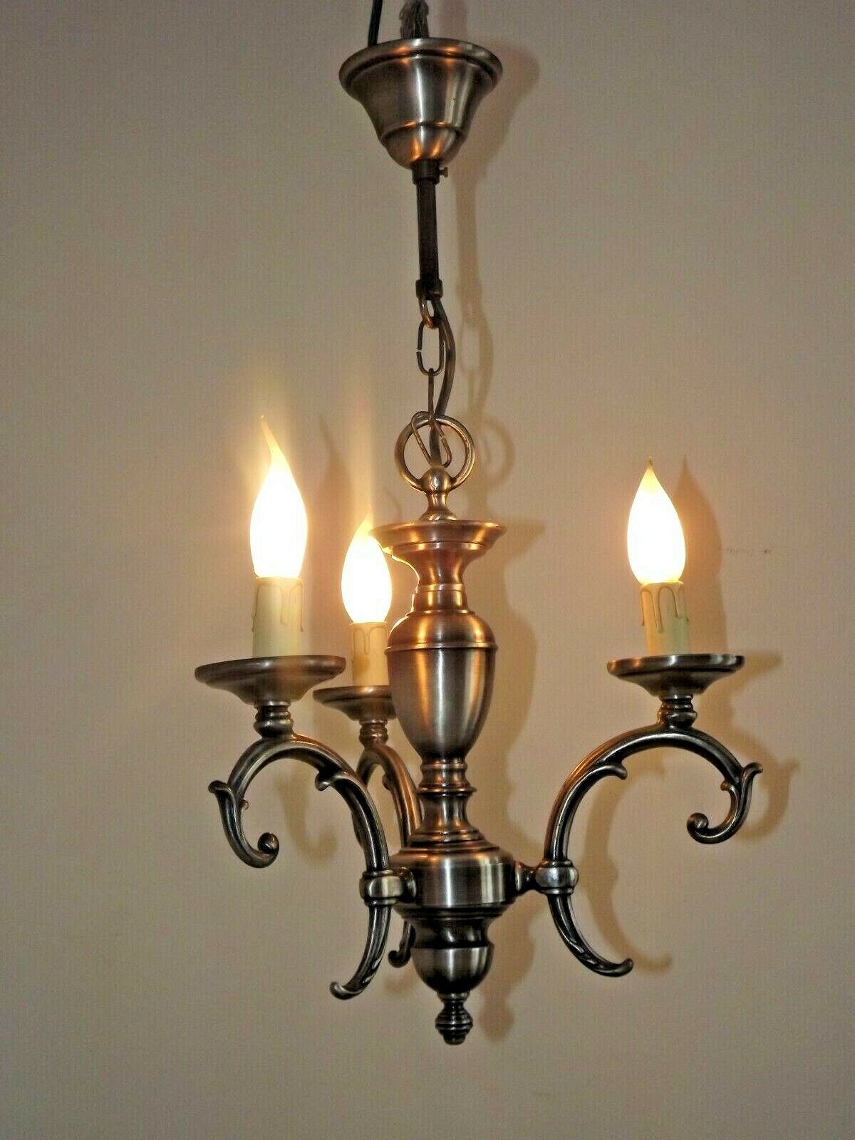 French brushed silver metal 3 light chandelier scroll leaf detail