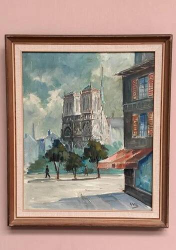Huile sur toile du milieu du siècle – « Scène de ville » par WB, signée, vintage et encadrée 40×47cm