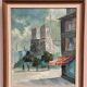Huile sur toile du milieu du siècle – « Scène de ville » par WB, signée, vintage et encadrée 40×47cm