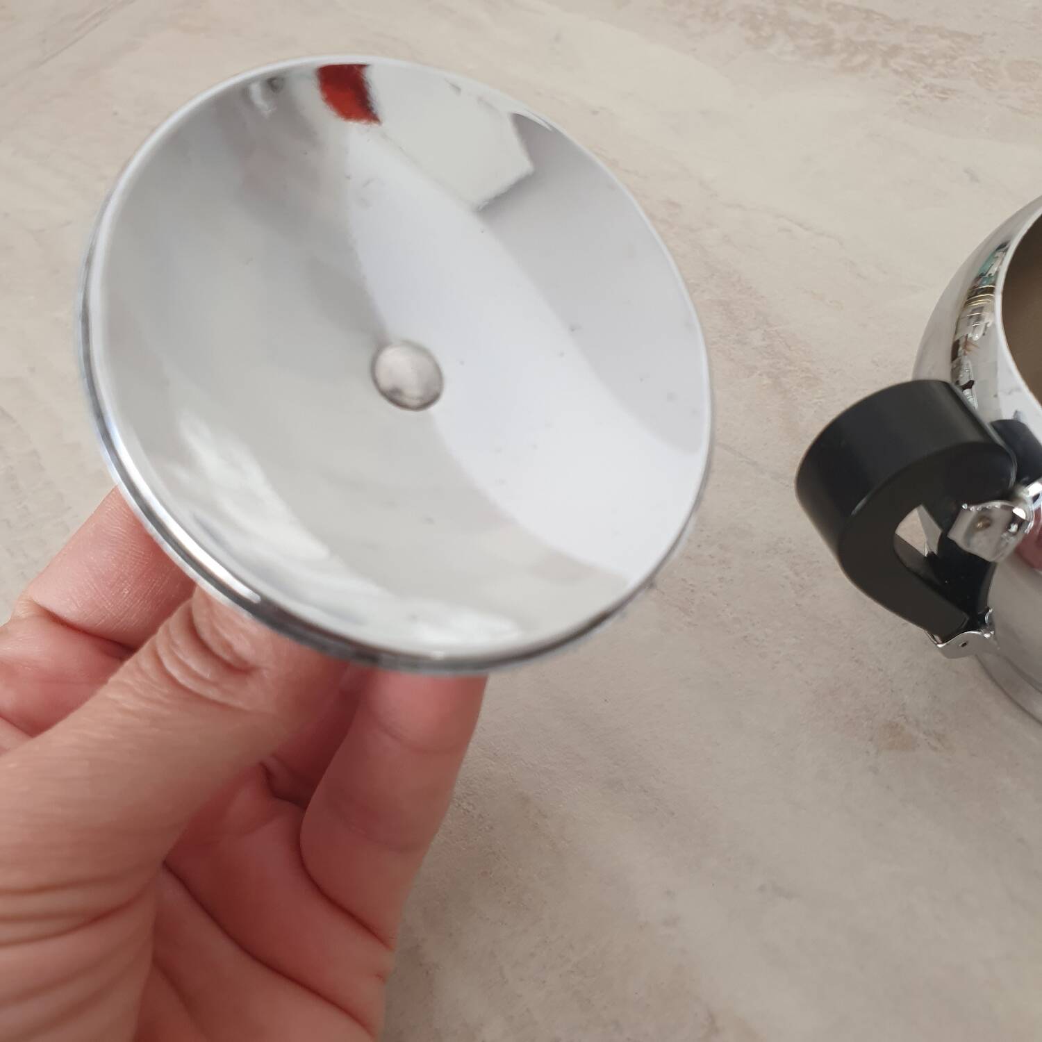 Alessi / Stainless steel and bakelite sugar bowl, "Bombé" collection