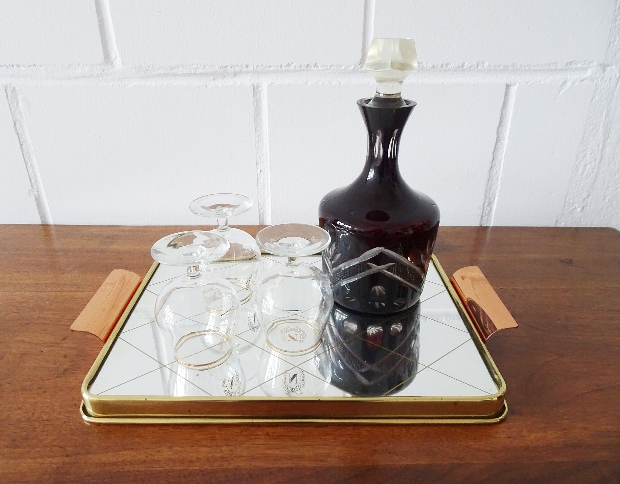Mirror tray with diamond pattern made of brass and copper, 50