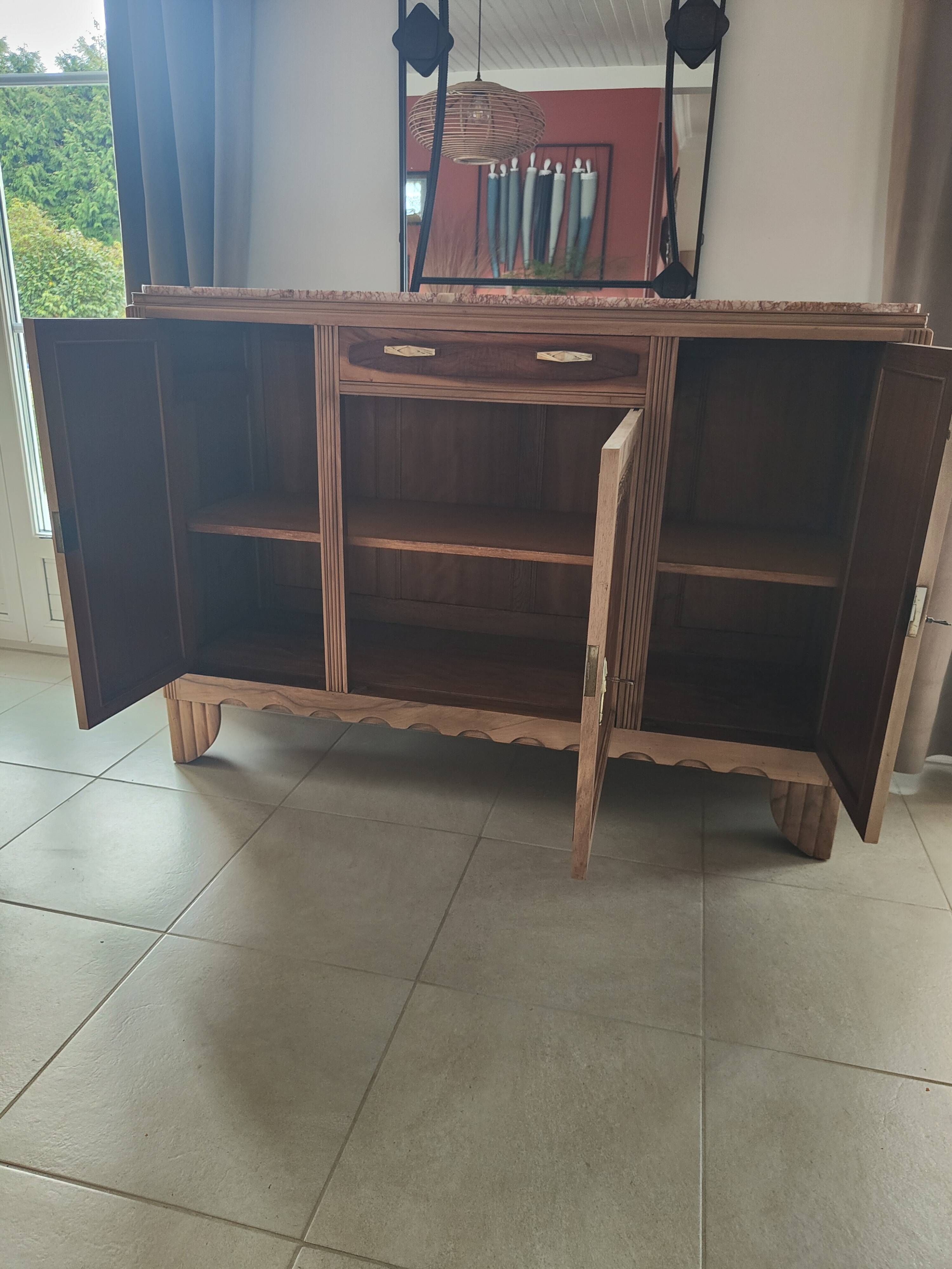 Art Deco Sideboard in Walnut Burl and Marble – 1930s