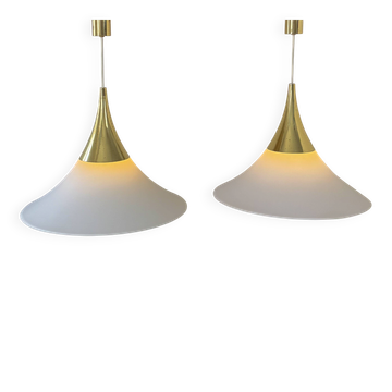 XL Pair of vintage pendants by Limburg, brass and opaline, Germany 1