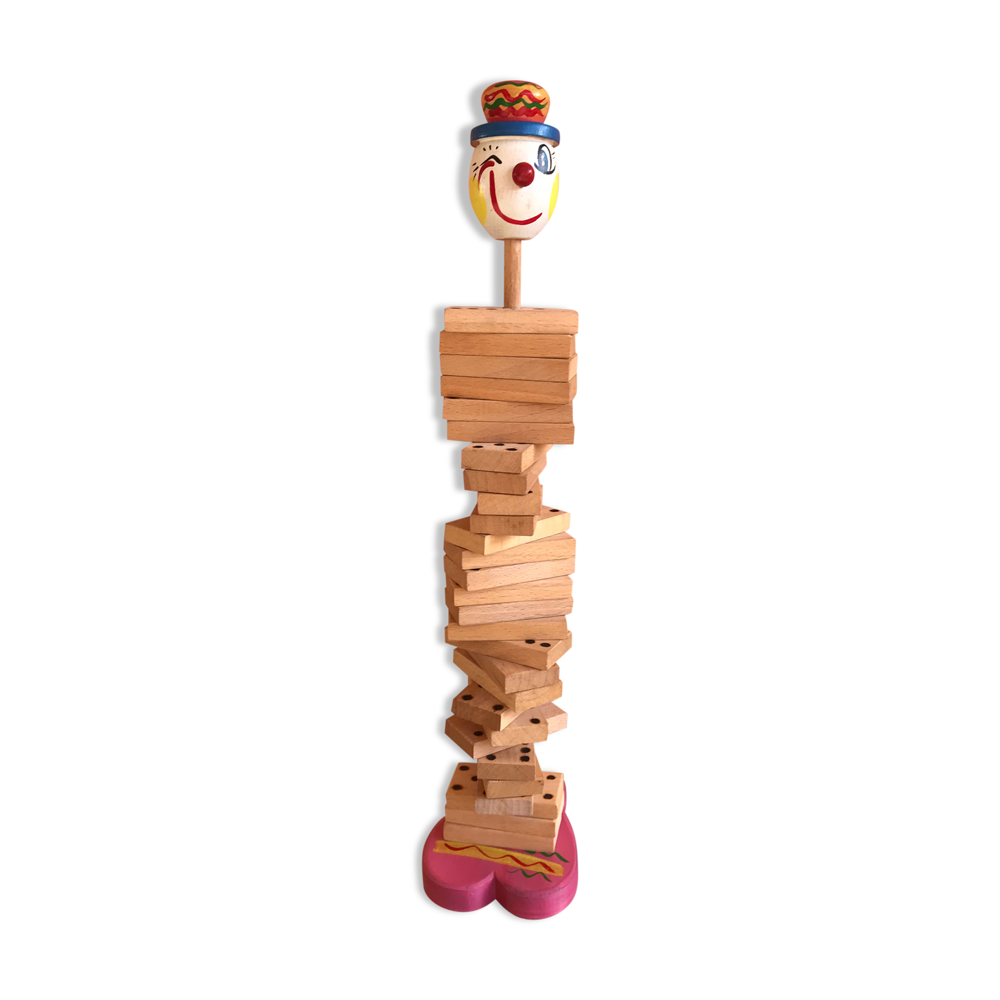 Jouet ancien jeu de dominos en bois avec personnage de clown