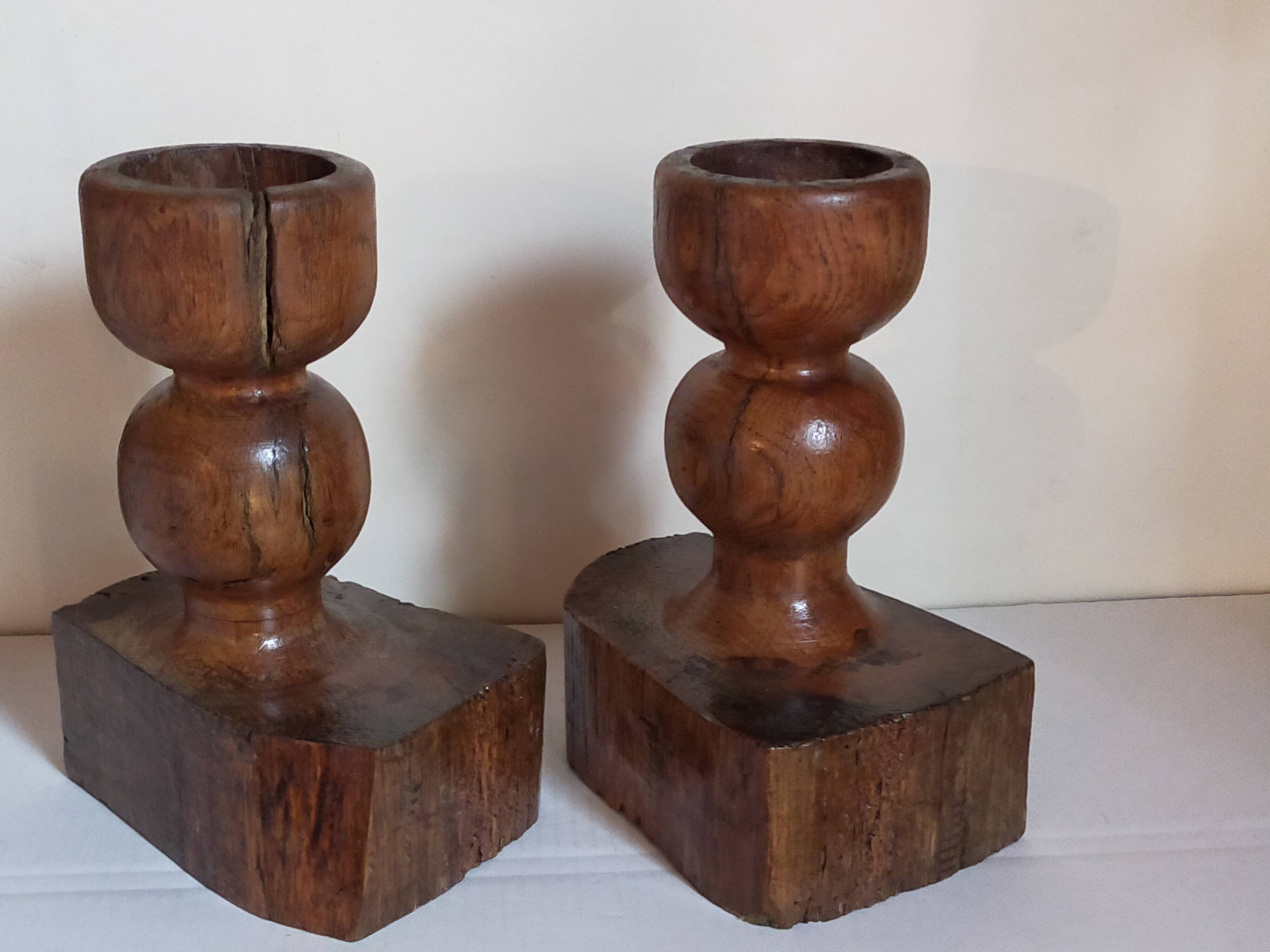 Pair of old brutalist turned solid wood candlesticks