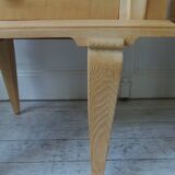 Pair of vintage bedside tables in raw wood, mirrored tops.