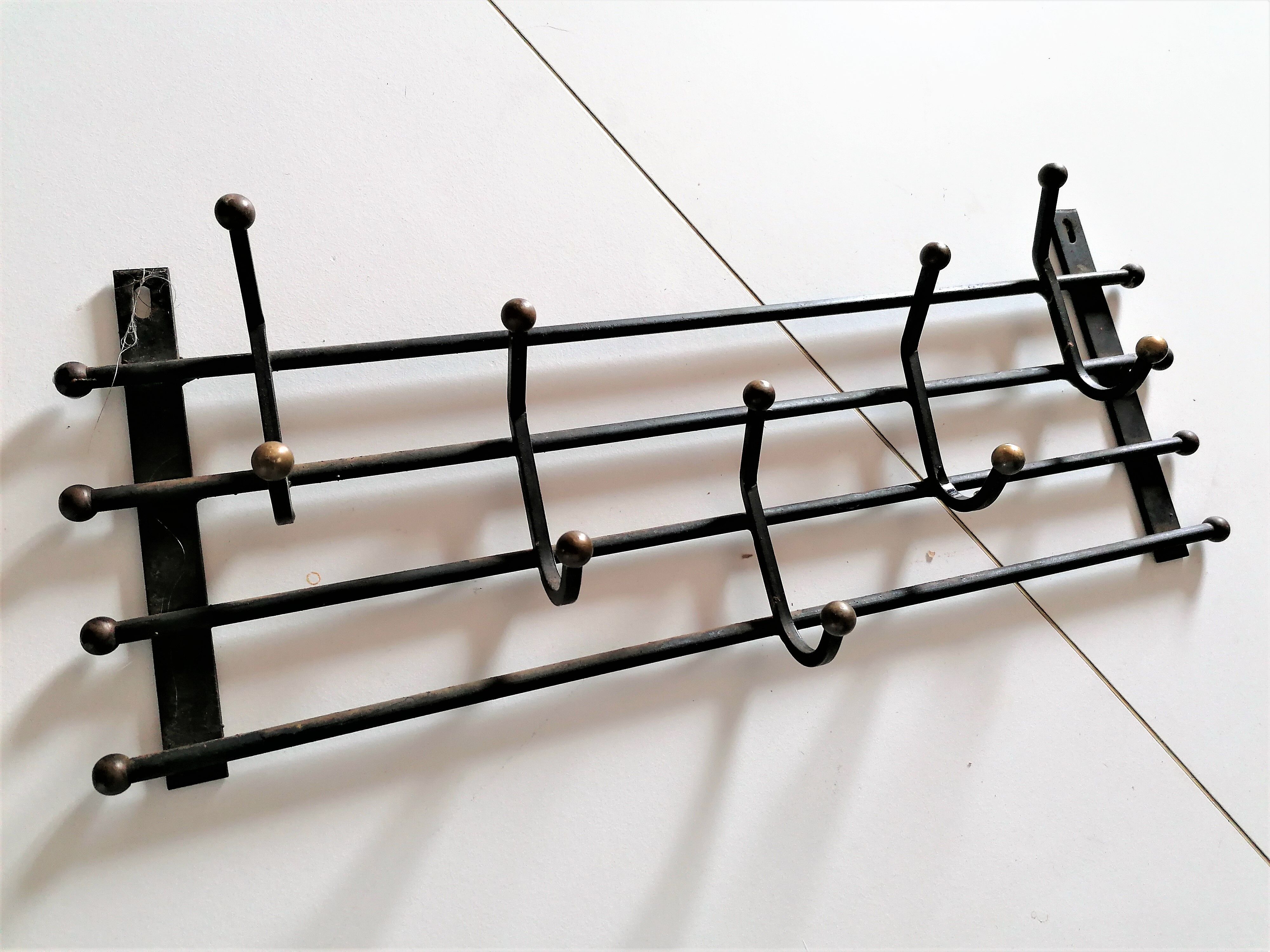 Cloakroom coat rack wrought iron and brass balls 5 vintage hooks