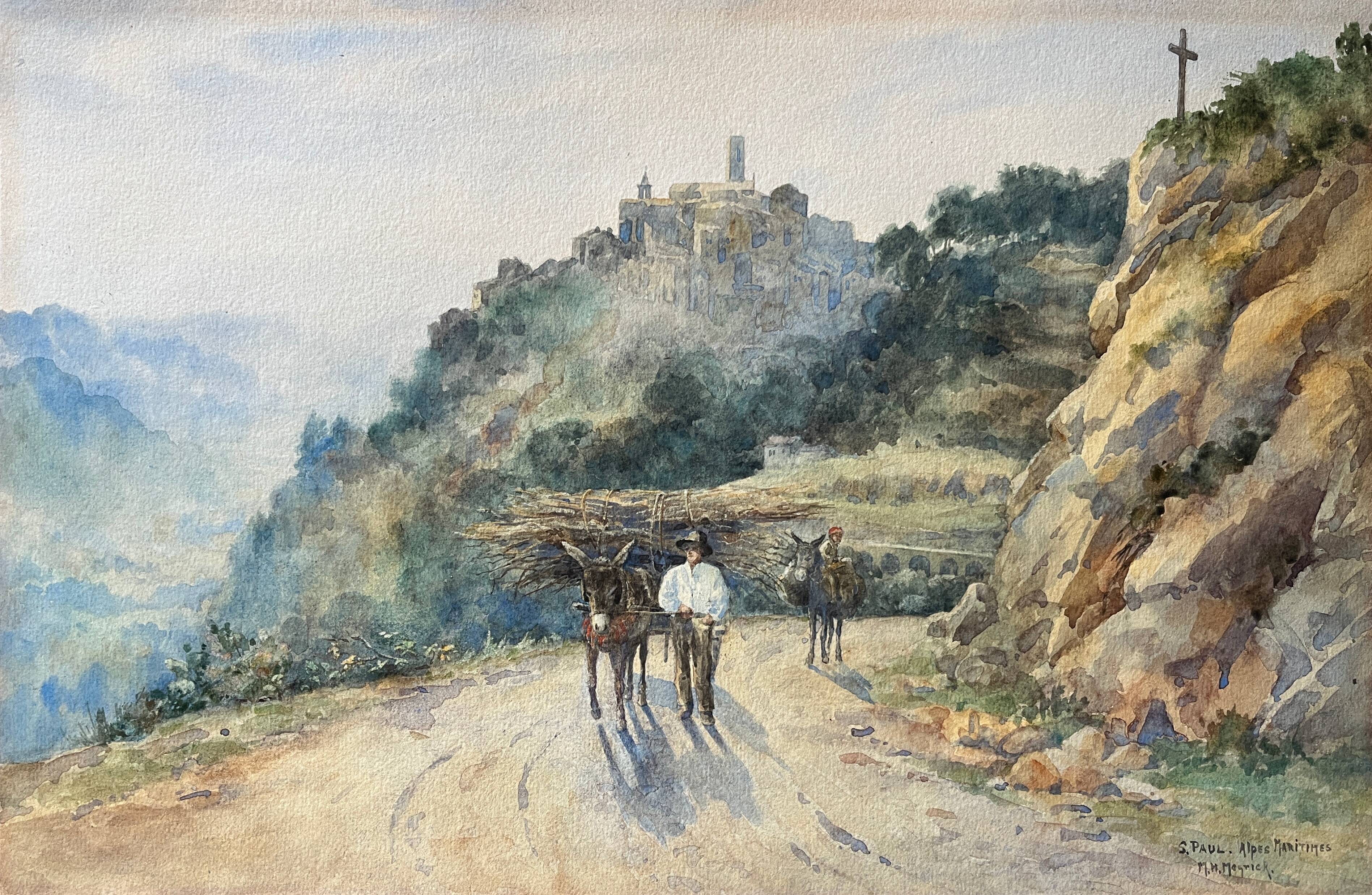 Watercolor painting circa 1900 Saint-Paul-de-Vence Alpes Maritime by MH Meyrick